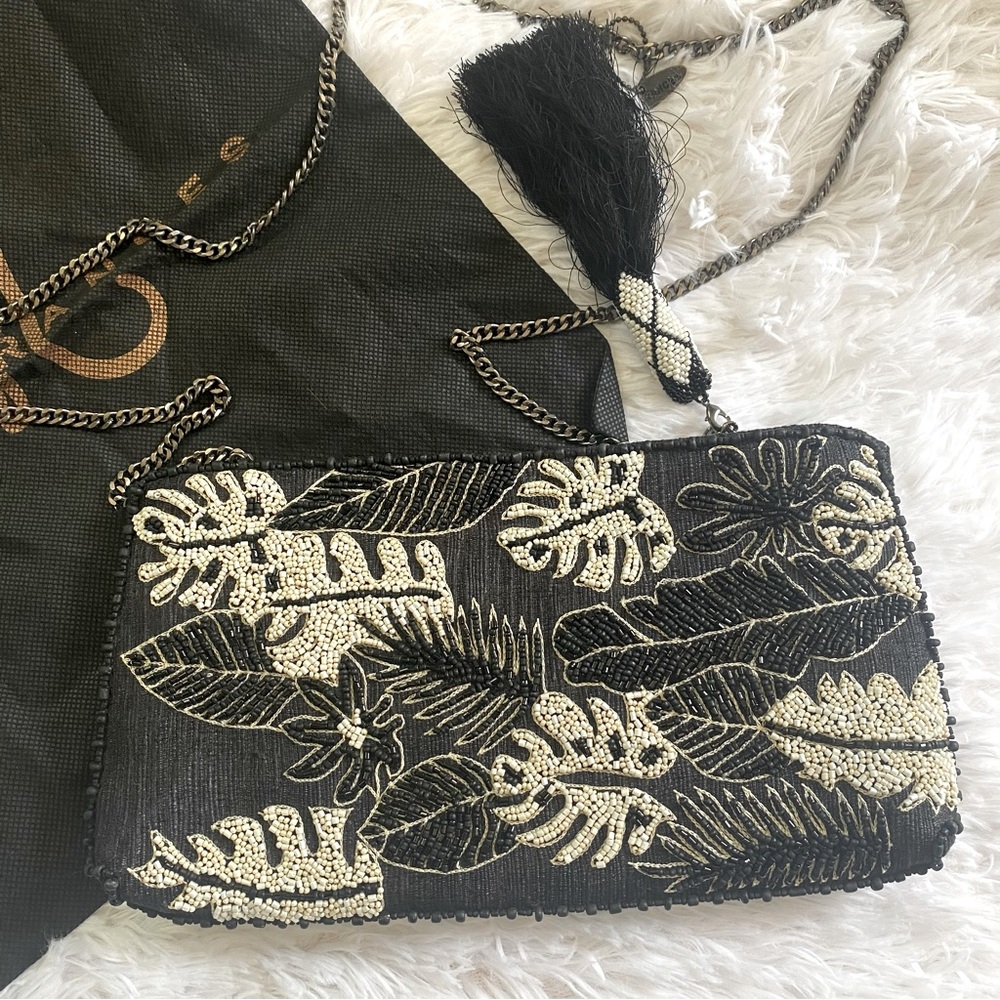Mary Frances Black and Ivory Beaded Leaf Crossbody Bag